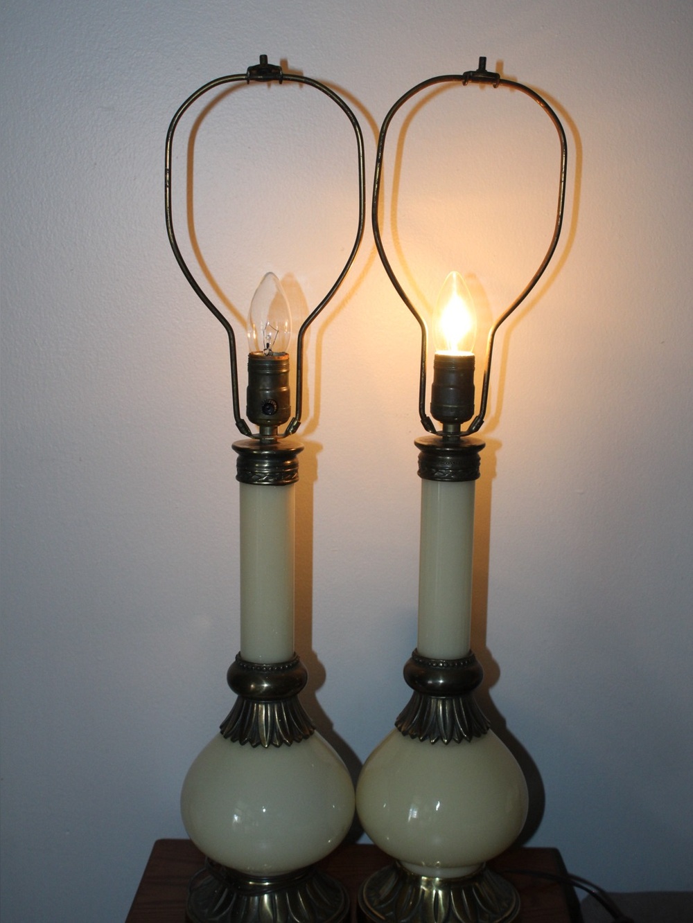 Pair of Cream Glass and Brass Column Table Lamps